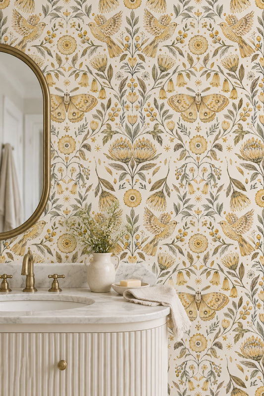 Kuş ve Kelebek Desenli Duvar Kağıdı Bej Banyo