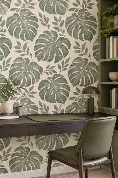 Monstera Yapraklı Duvar Kağıdı Yeşil Botanik Salon Deseni