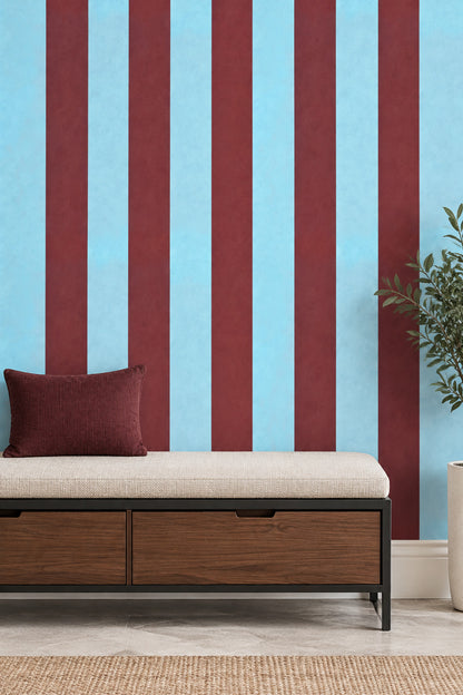 Bordo Mavi Dikey Çizgili Duvar Kağıdı Modern Oda Dekoru