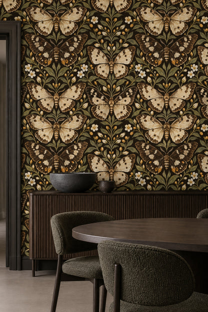 Kelebekli Duvar Kağıdı Koyu Zeminli Botanik Desen