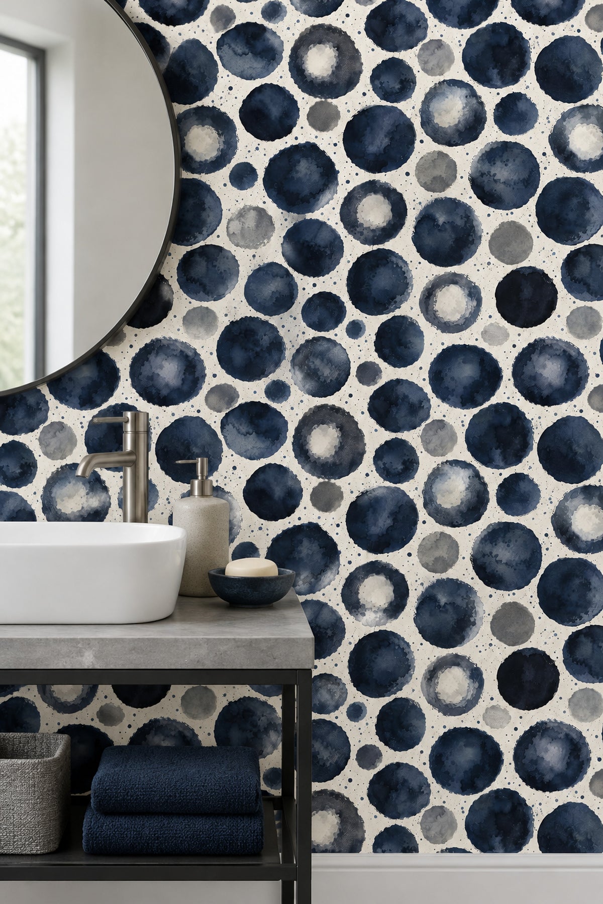 Lacivert Sulu Boya Benekli Duvar Kağıdı Modern Banyo Deseni