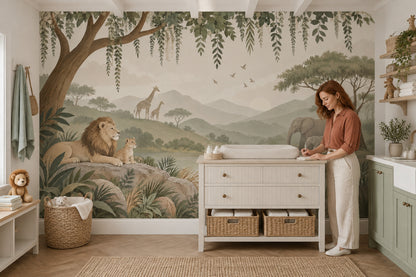 Safari Hayvanlı Poster Duvar Kağıdı Bej Yeşil Çocuk Odası