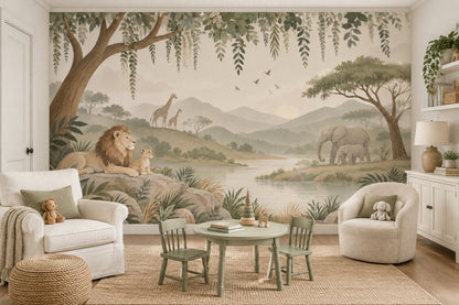 Safari Hayvanlı Poster Duvar Kağıdı Bej Yeşil Çocuk Odası