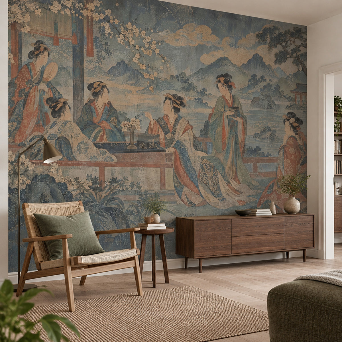 Japon Sanatı Figürlü Poster Duvar Kağıdı Yeşil Salon