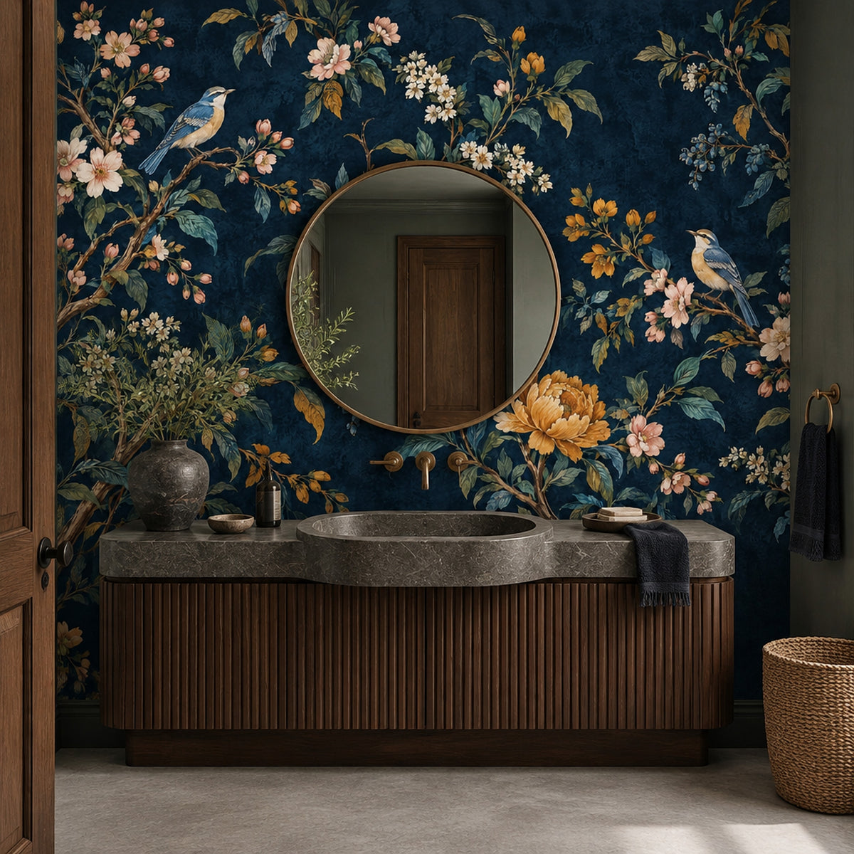 Kuşlu Çiçekli Poster Duvar Kağıdı Lacivert Vintage Salon