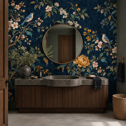 Kuşlu Çiçekli Poster Duvar Kağıdı Lacivert Vintage Salon
