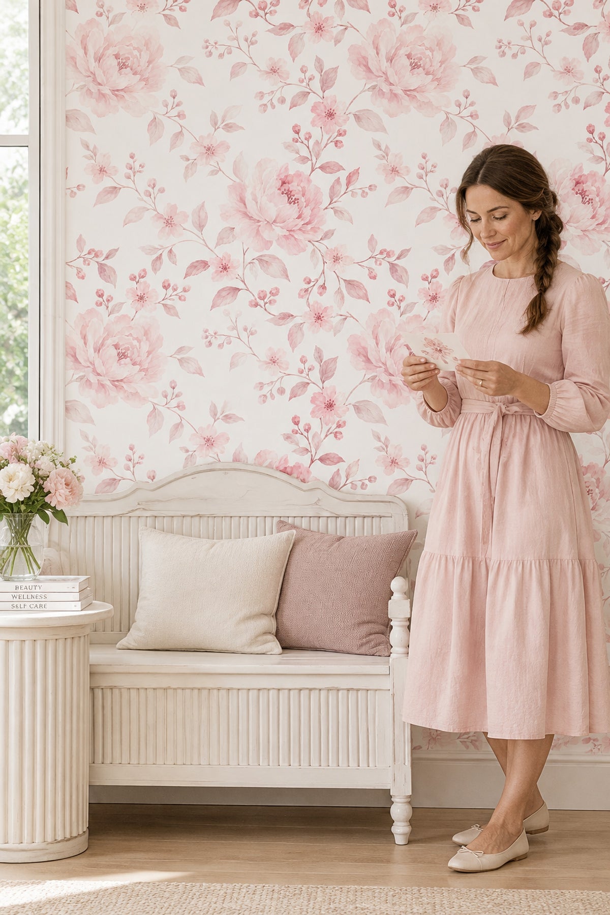 Pembe Sulu Boya Çiçekli Duvar Kağıdı Romantik Yatak Odası