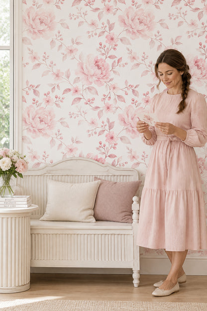 Pembe Sulu Boya Çiçekli Duvar Kağıdı Romantik Yatak Odası