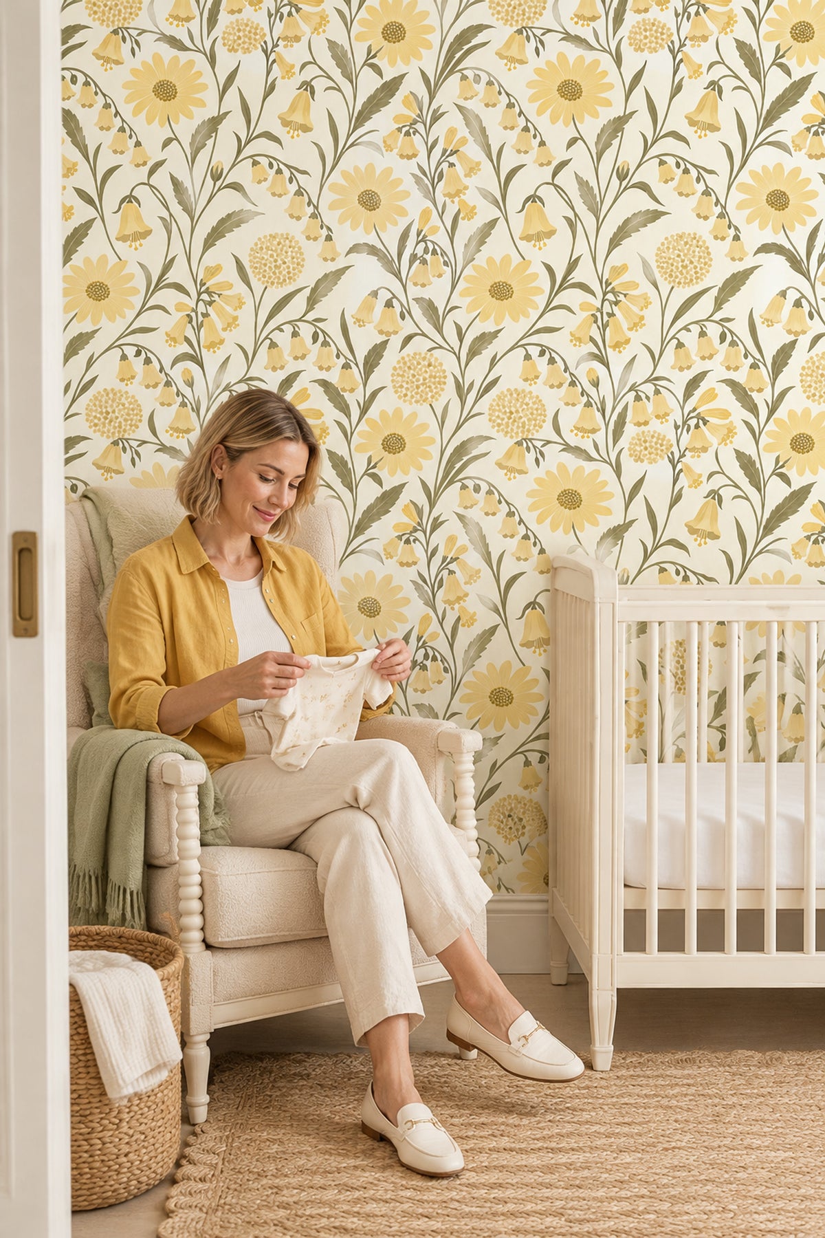 Sarı Papatyalı Duvar Kağıdı Yeşil Yaprak Desenli Yatak Odası