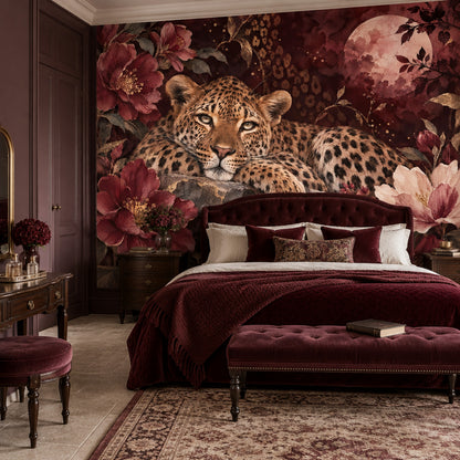 Leoparlı Çiçekli Poster Duvar Kağıdı Bordo Salon Duvarı