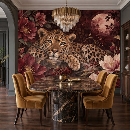 Leoparlı Çiçekli Poster Duvar Kağıdı Bordo Salon Duvarı