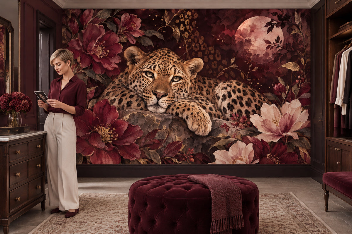 Leoparlı Çiçekli Poster Duvar Kağıdı Bordo Salon Duvarı