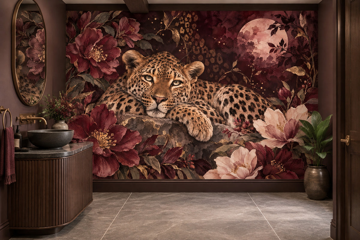Leoparlı Çiçekli Poster Duvar Kağıdı Bordo Salon Duvarı