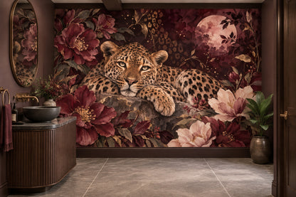 Leoparlı Çiçekli Poster Duvar Kağıdı Bordo Salon Duvarı