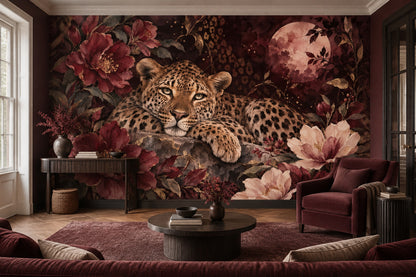 Leoparlı Çiçekli Poster Duvar Kağıdı Bordo Salon Duvarı