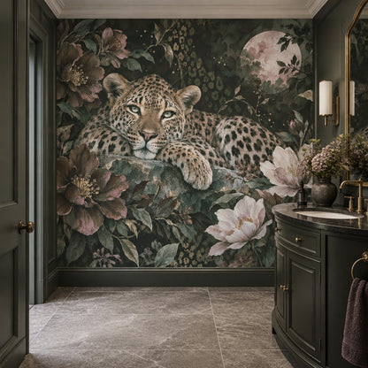 Leoparlı Çiçek Desenli Poster Duvar Kağıdı Koyu Yeşil Salon
