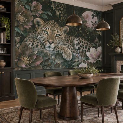 Leoparlı Çiçek Desenli Poster Duvar Kağıdı Koyu Yeşil Salon
