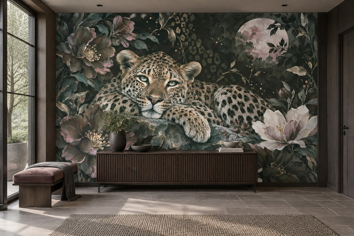 Leoparlı Çiçek Desenli Poster Duvar Kağıdı Koyu Yeşil Salon