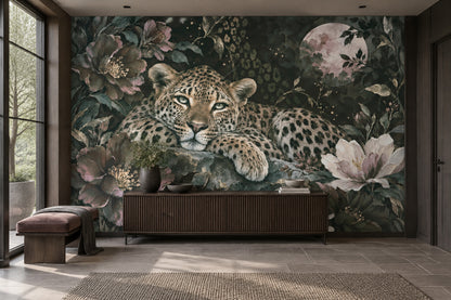 Leoparlı Çiçek Desenli Poster Duvar Kağıdı Koyu Yeşil Salon