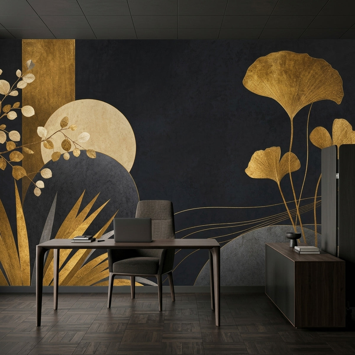 Altın Yapraklı Poster Duvar Kağıdı Siyah Zemin Salon Tasarımı