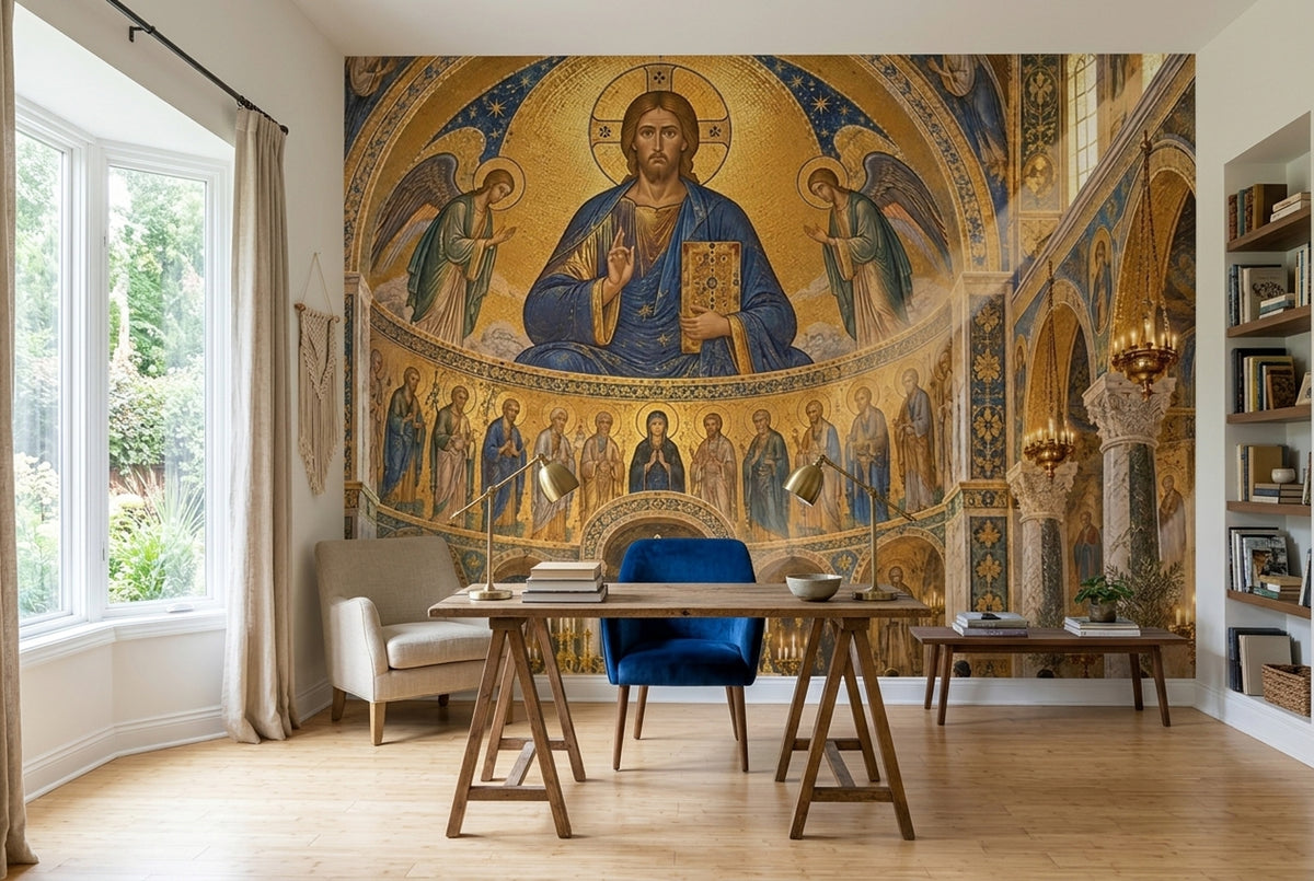 Kilise İçi Mozaik Poster Duvar Kağıdı Altın Mavi Kubbeli