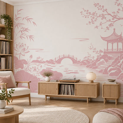 Japon Bahçe Manzaralı Poster Duvar Kağıdı Pudra Pembe Salon