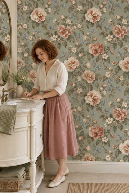Vintage Çiçekli Duvar Kağıdı Adaçayı Yeşili Klasik Desen