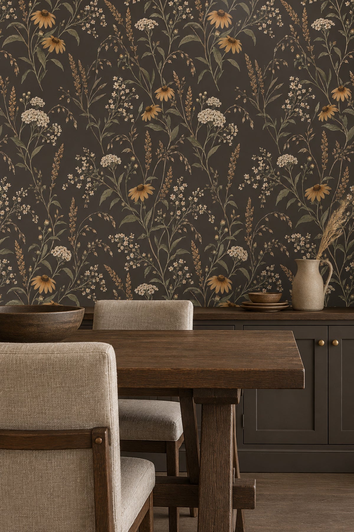 Vintage Çiçekli Duvar Kağıdı Koyu Kahverengi Botanik Desenli