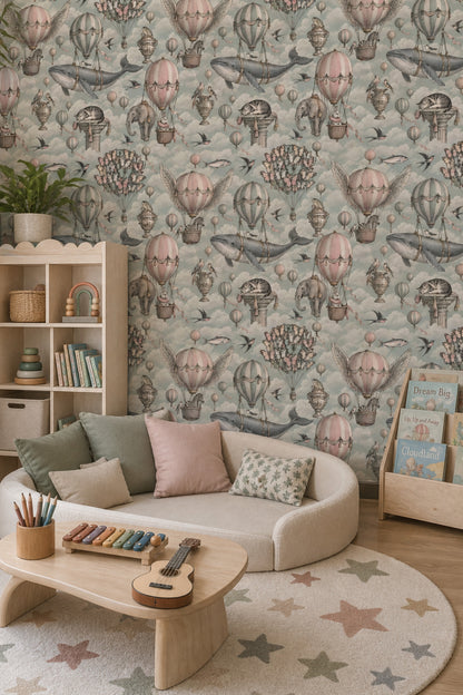 Balon ve Balinalı Duvar Kağıdı Pastel Bulutlu Çocuk Odası