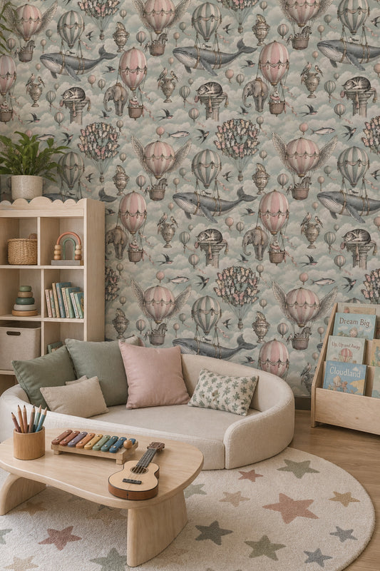Balon ve Balinalı Duvar Kağıdı Pastel Bulutlu Çocuk Odası
