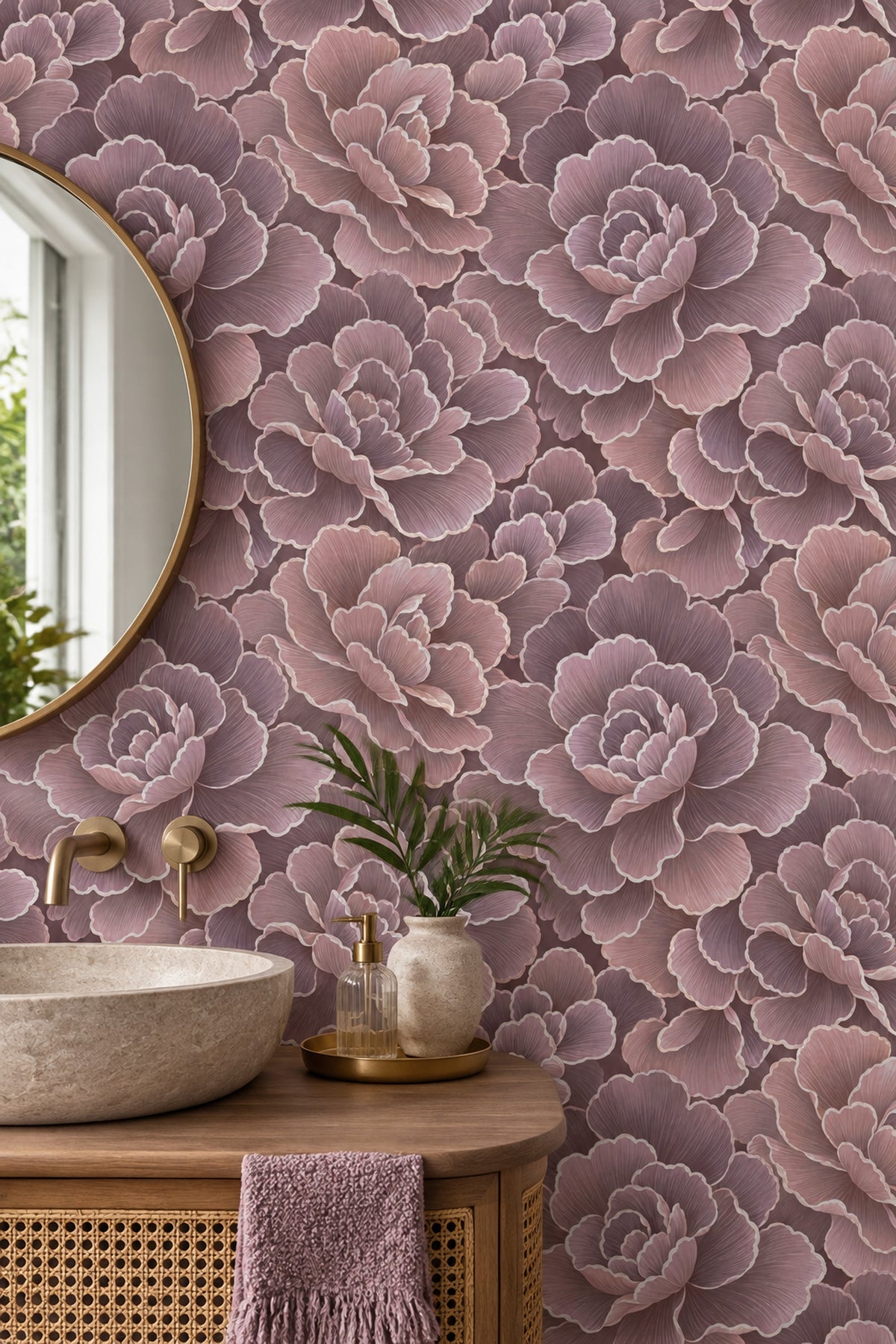 Büyük Çiçek Desenli Duvar Kağıdı Gül Kurusu Salon