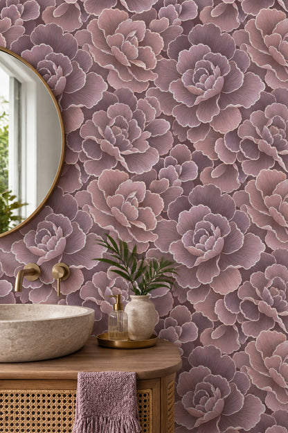 Büyük Çiçek Desenli Duvar Kağıdı Gül Kurusu Salon