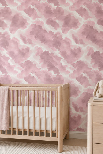 Pembe Bulut Desenli Duvar Kağıdı Pastel Salon Duvar Dekoru