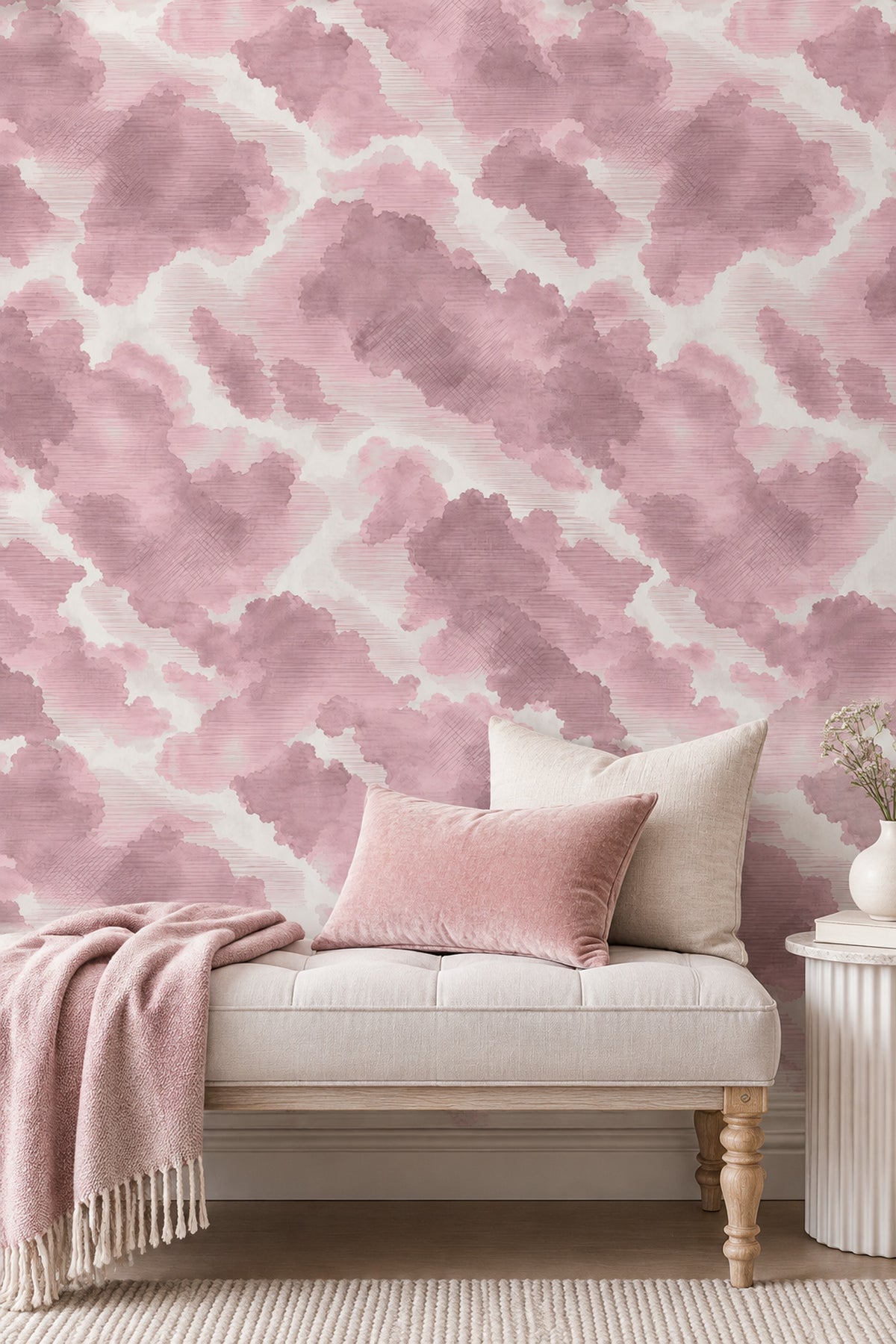 Pembe Bulut Desenli Duvar Kağıdı Pastel Salon Duvar Dekoru