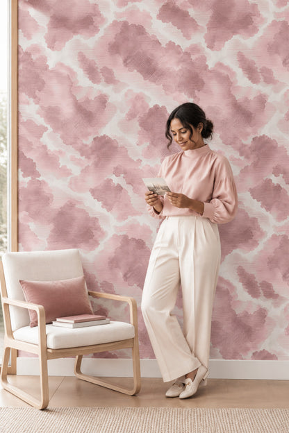 Pembe Bulut Desenli Duvar Kağıdı Pastel Salon Duvar Dekoru