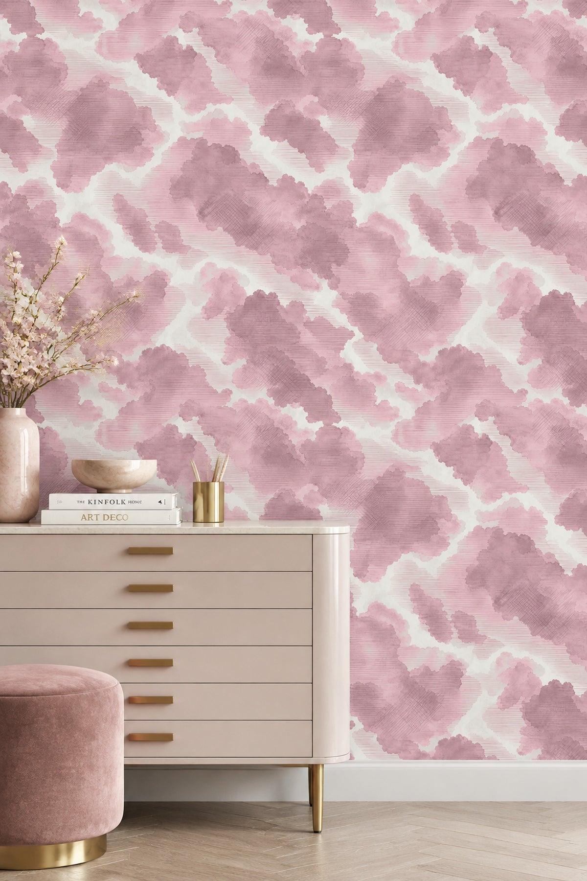 Pembe Bulut Desenli Duvar Kağıdı Pastel Salon Duvar Dekoru