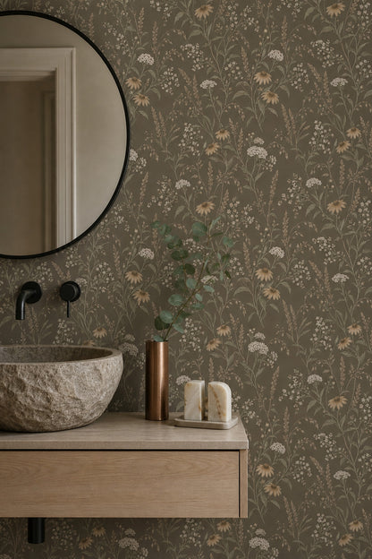 Kır Çiçekli Duvar Kağıdı Kahverengi Botanik Desenli Banyo
