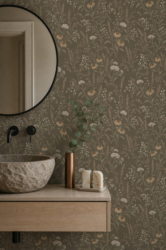Kır Çiçekli Duvar Kağıdı Kahverengi Botanik Desenli Banyo