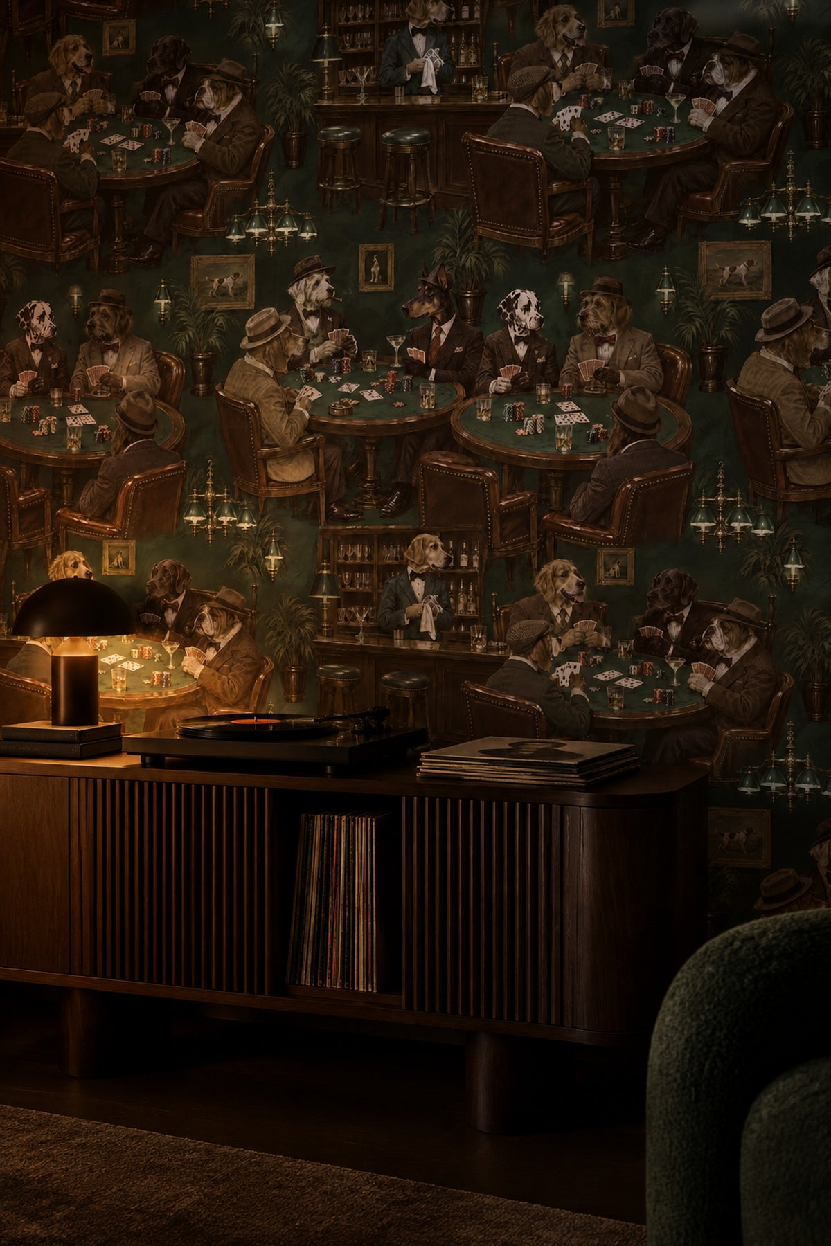 Köpekli Poker Kulübü Duvar Kağıdı Koyu Yeşil Retro