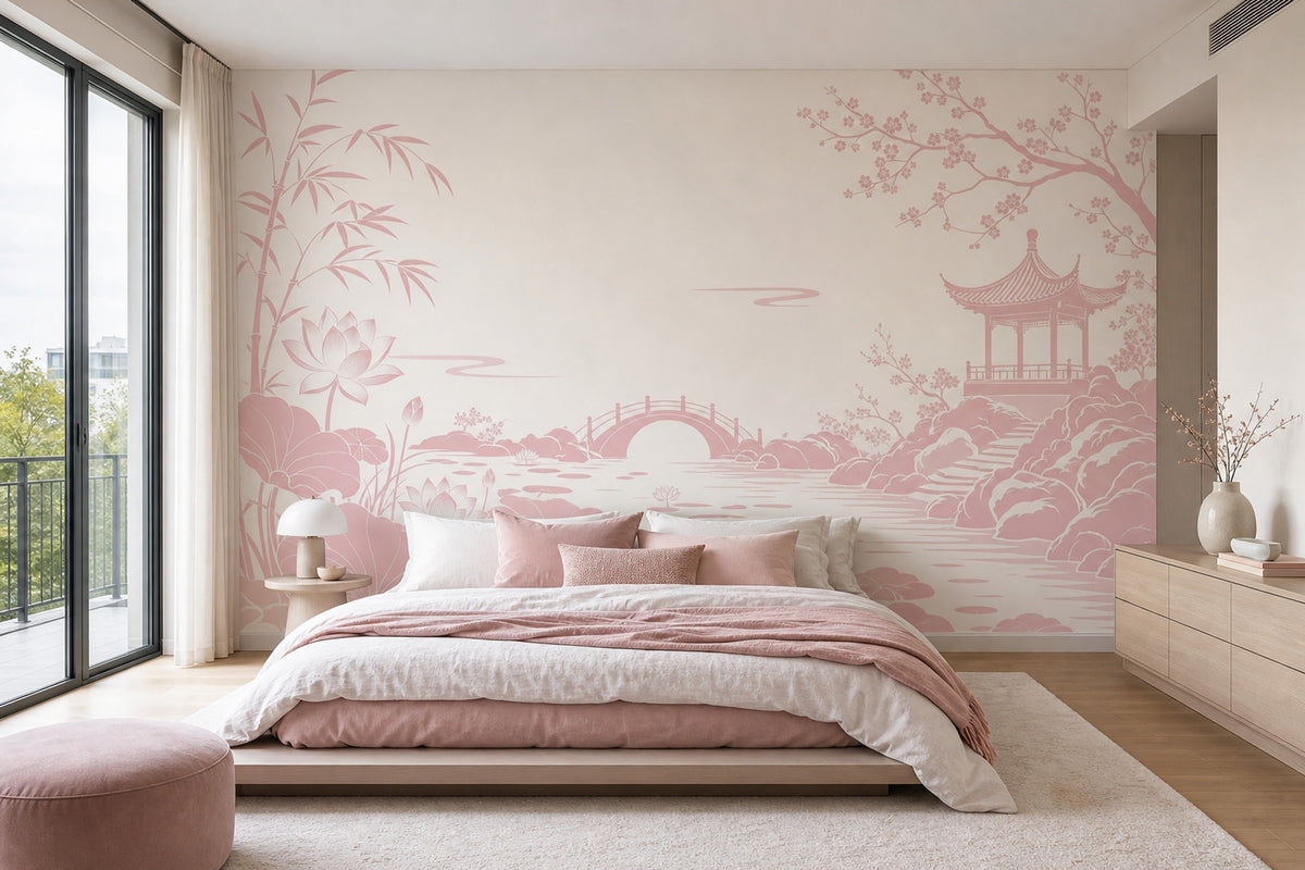 Japon Bahçe Manzaralı Poster Duvar Kağıdı Pudra Pembe Salon