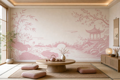 Japon Bahçe Manzaralı Poster Duvar Kağıdı Pudra Pembe Salon