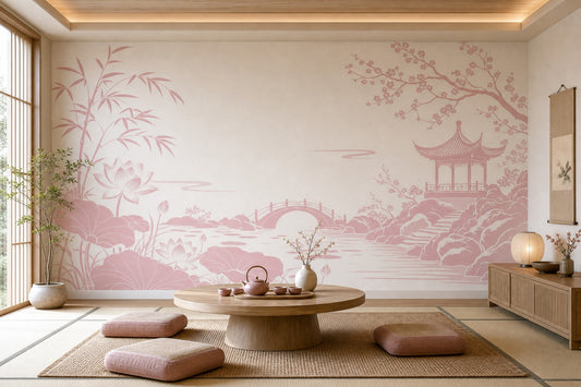 Japon Bahçe Manzaralı Poster Duvar Kağıdı Pudra Pembe Salon