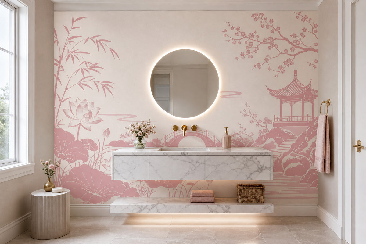 Japon Bahçe Manzaralı Poster Duvar Kağıdı Pudra Pembe Salon