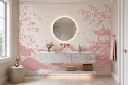 Japon Bahçe Manzaralı Poster Duvar Kağıdı Pudra Pembe Salon