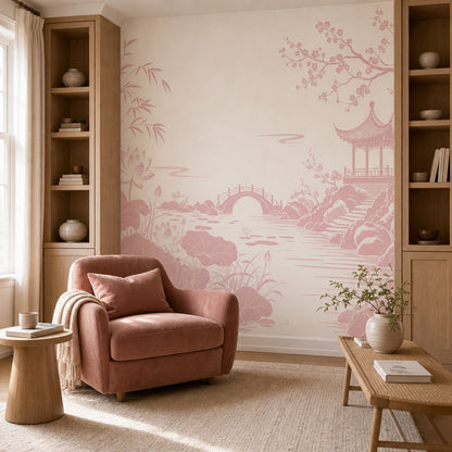 Japon Bahçe Manzaralı Poster Duvar Kağıdı Pudra Pembe Salon