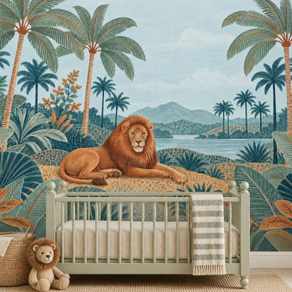 Aslanlı Safari Poster Duvar Kağıdı Mavi Yeşil Çocuk Odası