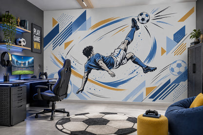Futbolcu İllüstrasyonlu Poster Duvar Kağıdı Mavi Beyaz Genç Odası