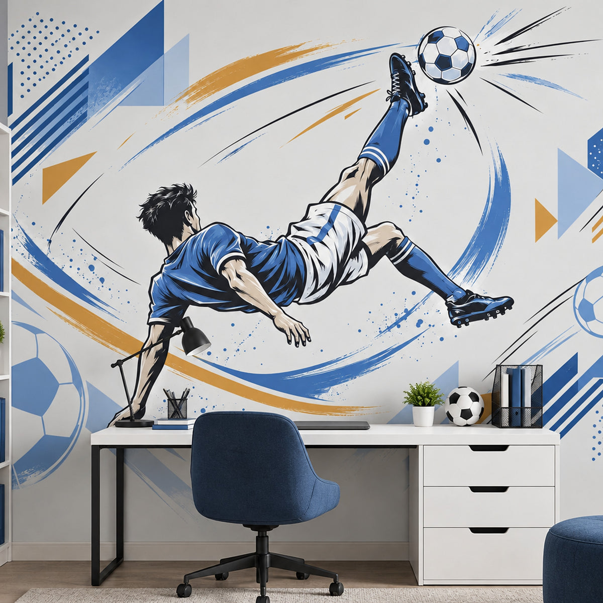 Futbolcu İllüstrasyonlu Poster Duvar Kağıdı Mavi Beyaz Genç Odası