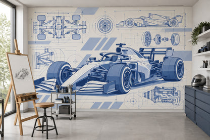 Formula Yarış Arabası Poster Duvar Kağıdı Mavi Teknik Çizim