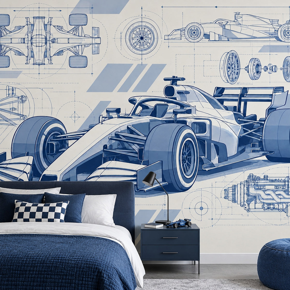 Formula Yarış Arabası Poster Duvar Kağıdı Mavi Teknik Çizim